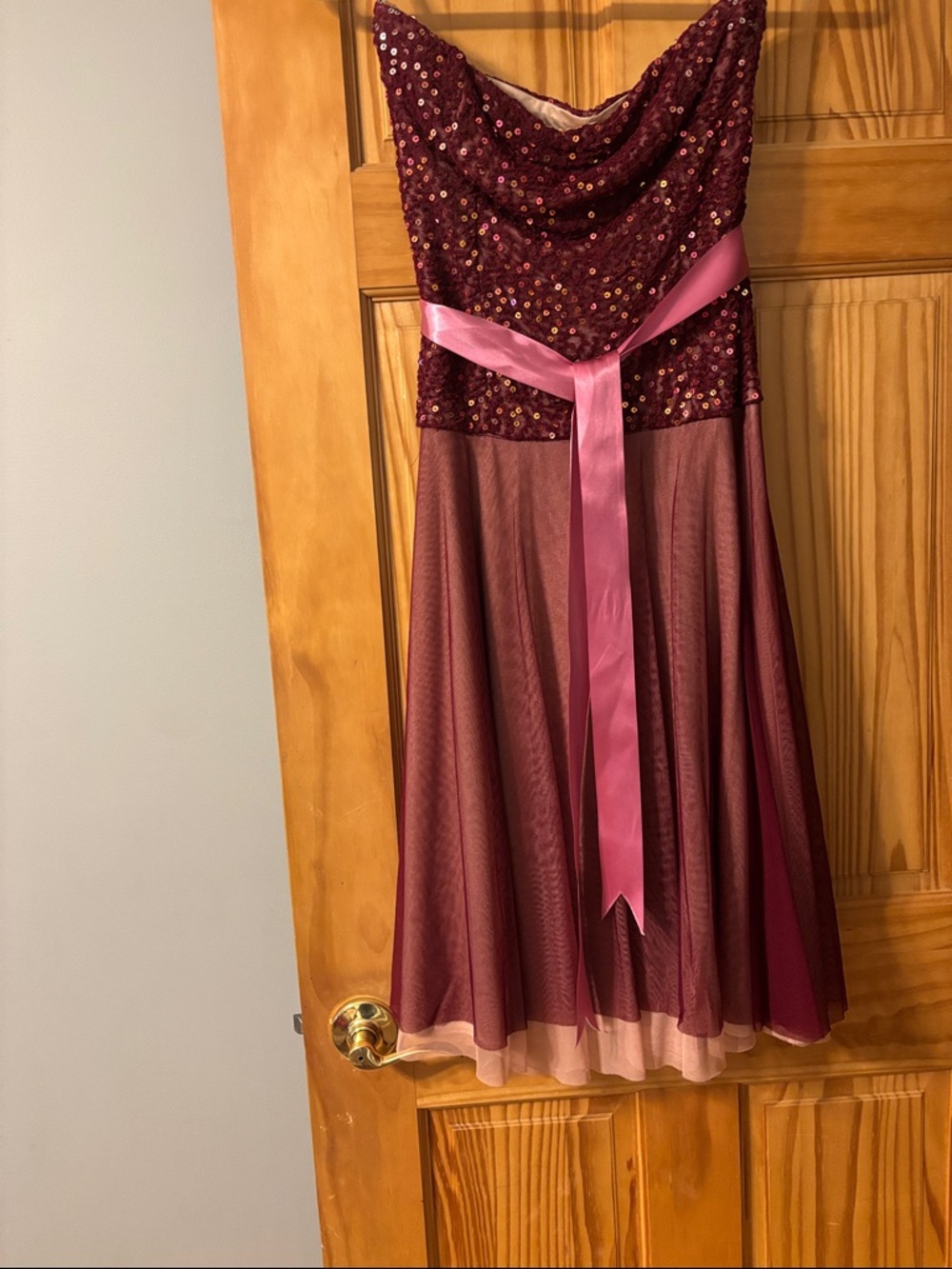 Alexia Admor Strapless Sequin Bodice & Pink Ribbon Midi Dress - Wine & Pink